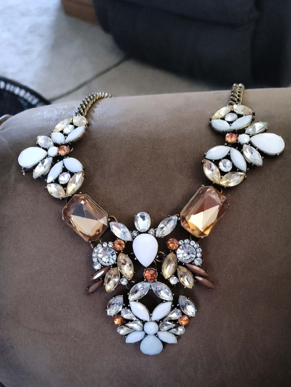 J Crew Gold-Tone Crystal Bib Necklace with White and Amber Accents